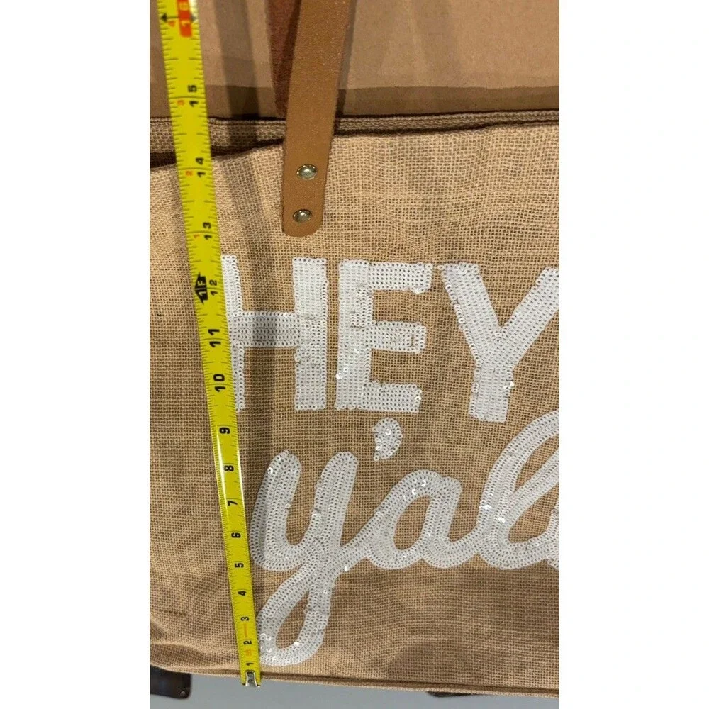 Mud Pie  “Hey Y’all” Jute Tote Beach Bag Burlap ~Tan ~ 21”X14”